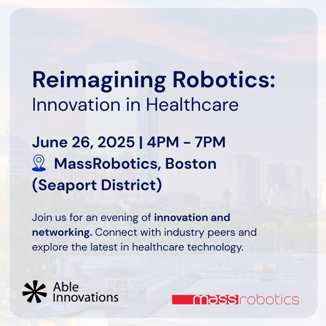 AbleInnovation's tweet image. Join Able Innovations and @MassRobotics for an exciting evening, as we explore how robotics is driving the next wave of healthcare innovation!
📍12 Channel St, Boston, MA (Seaport District)
🗓️ June 26 | 4–7 PM
Register here: lnkd.in/eCSDU4df
