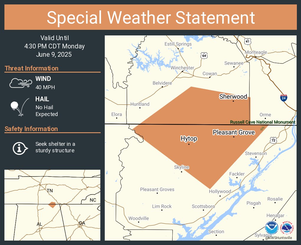 A special weather statement has been issued for Hytop AL, Pleasant Grove AL and  Sherwood TN until 4:30 PM CDT