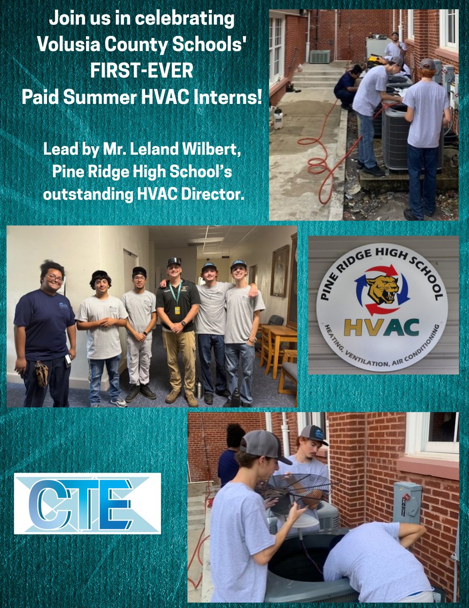 VCS CTE (@vcscte) on Twitter photo ๐จ Big news from Volusia County Schools!
We're launching our 1st-ever paid summer HVAC internships, led by Pine Ridge's Mr. Leland Wilbert! ๐ง
Part of Supt. Balgobinโs #Volusia500โreal-world training with VCS Facilities. Want interns? Contact Tiffany: tlmccan1@volusia.k12.fl.us ๐จ Big news from Volusia County Schools!
We're launching our 1st-ever paid summer HVAC internships, led by Pine Ridge's Mr. Leland Wilbert! ๐ง
Part of Supt. Balgobinโs #Volusia500โreal-world training with VCS Facilities. Want interns? Contact Tiffany: tlmccan1@volusia.k12.fl.us