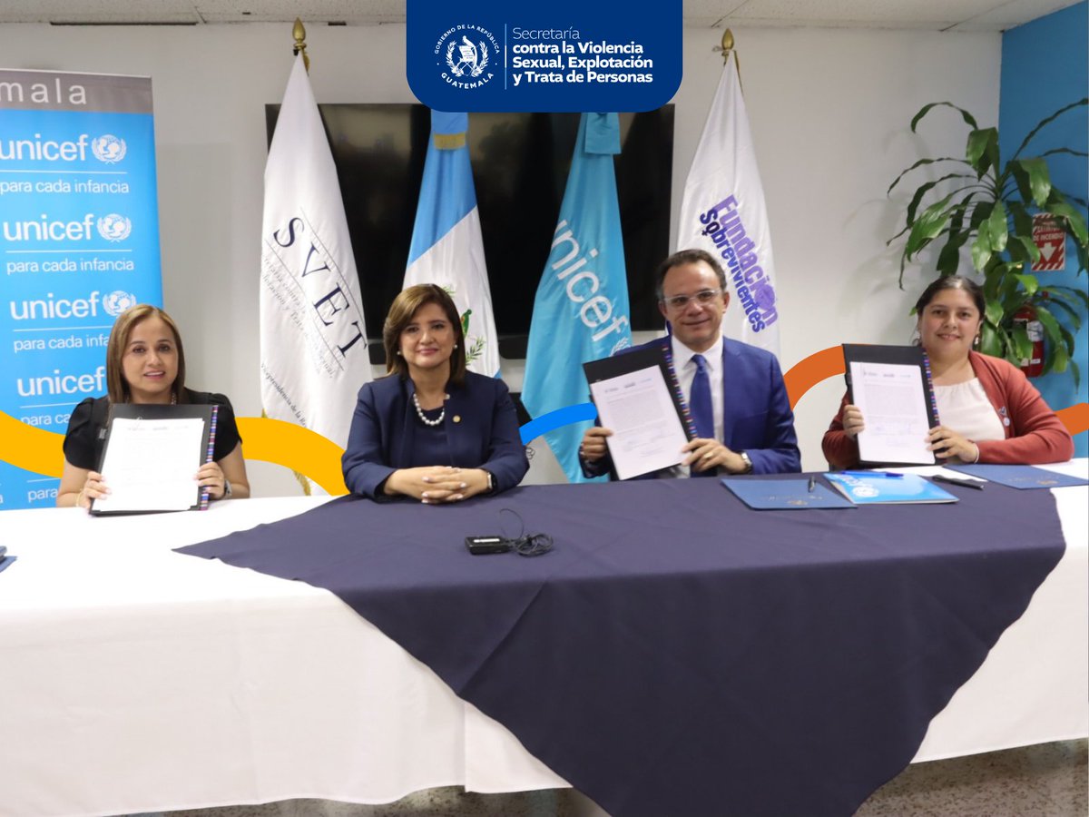 ✅ La Secretaria de Danissa Rámirez de SVET, firmó un convenio con @UNICEFGuatemala y @SobrevivientesGT, reforzando el compromiso por una niñez libre de violencia sexual. Proteger su dignidad es proteger el futuro 👧👦💪

#PrevenciónVET #NiñezSegura