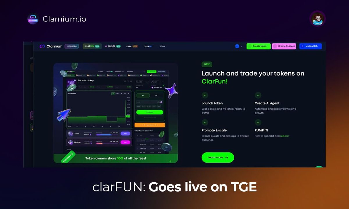 PUMPFUN KILLER OR JUST ANOTHER BIG TALK 🤔 ( get positioned )
---
---
About <a href="/clarnium_io/">Clarnium.io</a>

Clarnium is a Web3 ecosystem featuring a 3-click token launcher, AI growth tools, and a SocialFi suite with quests, loot boxes, leaderboards, and $xCLAR farming.

Funding.

Clarnium raised