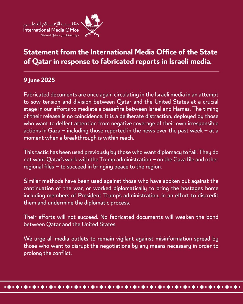 Statement from the International Media Office of the State of Qatar in response to fabricated reports in Israeli media.

imo.gov.qa/media-centre/p…