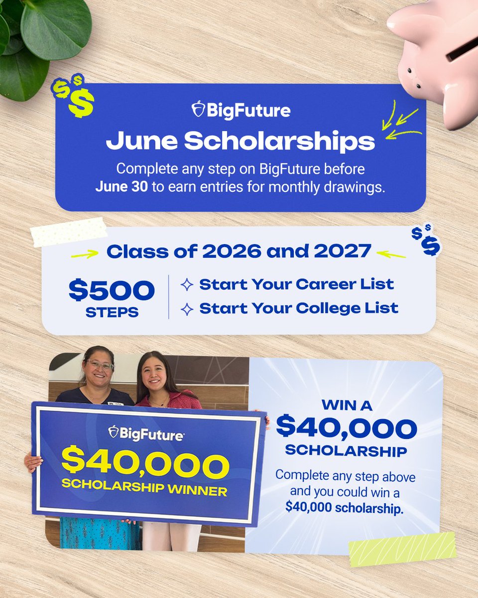 MyBigFuture's tweet image. 💰 Class of 2026 &amp;amp; 2027: Fuel your college dreams with #BigFuture! Follow the steps and enter to win a $40,000 or $500 scholarship. 

💸 Qualify now: spr.ly/60104HzBM 

#BigFuture #scholarships #Classof2026 #Classof2027
