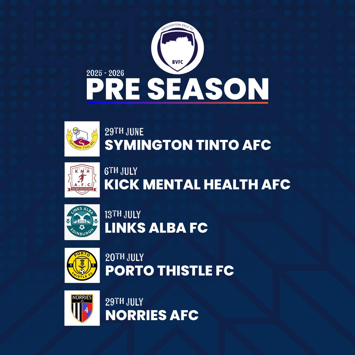 Pre Season plans looking good with a nice mix of familar teams and some teams we've never played before! Just need to get fit now... 🦾😓 #BVFC #SundayLeague #PreSeason