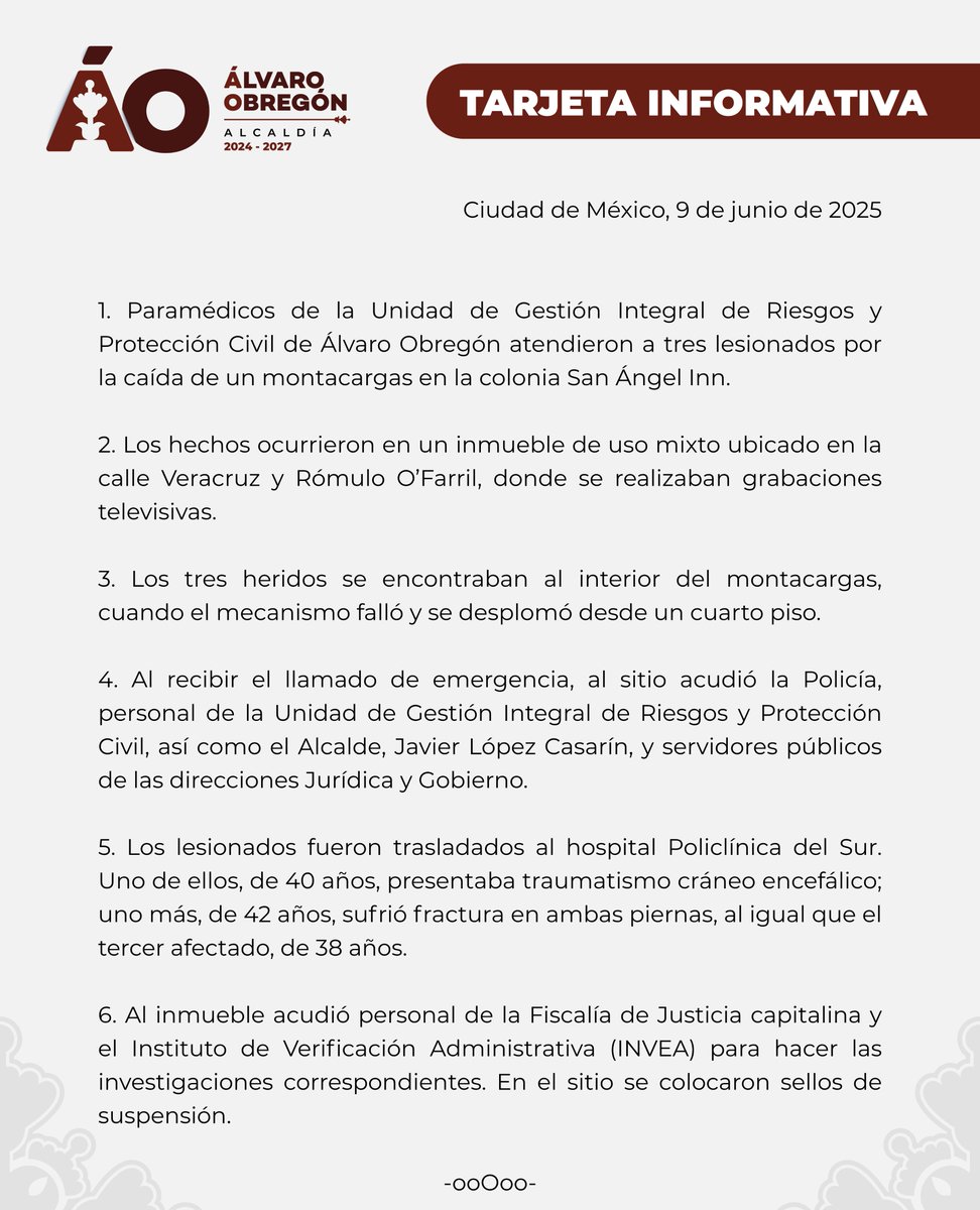 #TarjetaInformativaÁO📢| Atiende Protección Civil de Álvaro Obregón a lesionados por caída de montacargas.