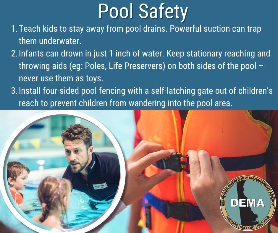 DelawareEMA's tweet image. Nothing says summer like a day at the pool 🏊! While you and your loved ones are cooling down with the perfect family fun day in the water, it's important that everyone follow these tips while going for a swim. Simple water safety can save lives. #EmergencyManagement #PoolSafety