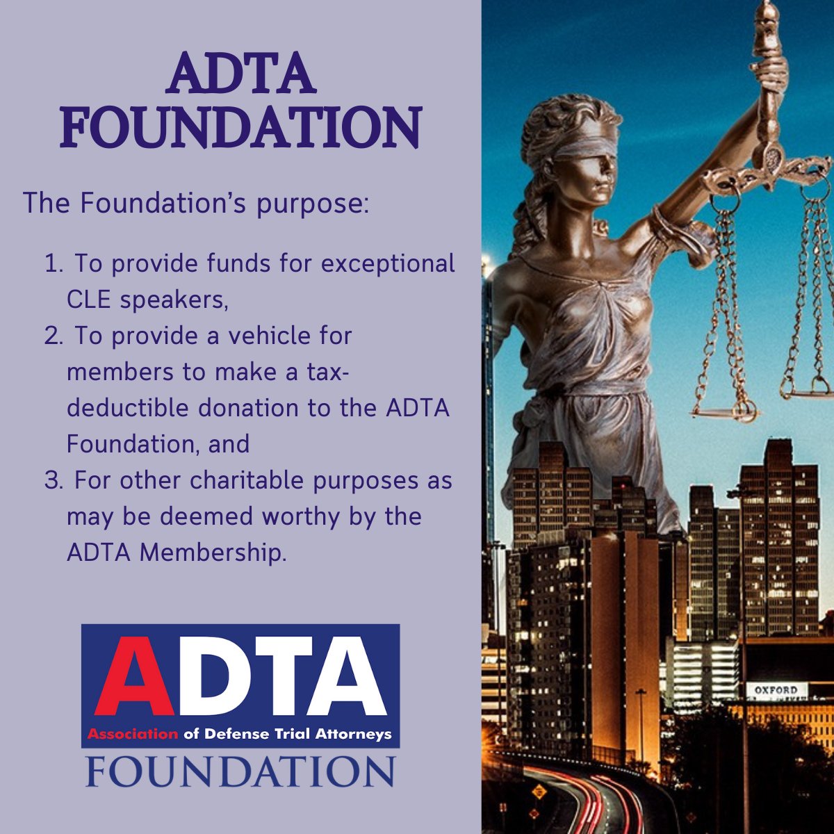 Have you donated to the #ADTAFoundation in 2025? Please help #ADTA continue our Tradition of Excellence to our members by becoming a Foundation Fellow &amp; commit to making an annual tax-deductible donation. Visit adtalaw.com/members/adta-f… &amp; complete the form today!

#ADTAMembers