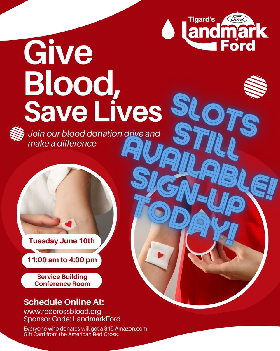 Landmark_Ford's tweet photo. Blood drive TOMORROW!!  Do you have time to come by and donate?  Please sign-up at https://t.co/yZTB5TomIu and put in sponsor code Landmarkford to pick a time.   #redcrossblood #blooddrive #landmarkford #giveback https://t.co/7Vi9d6G6bq