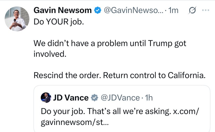 Gavin Newsom nailed it.

All Trump does is make everything worse.

JD Vance is complicit.

They want people in LA to riot so they can declare martial law.