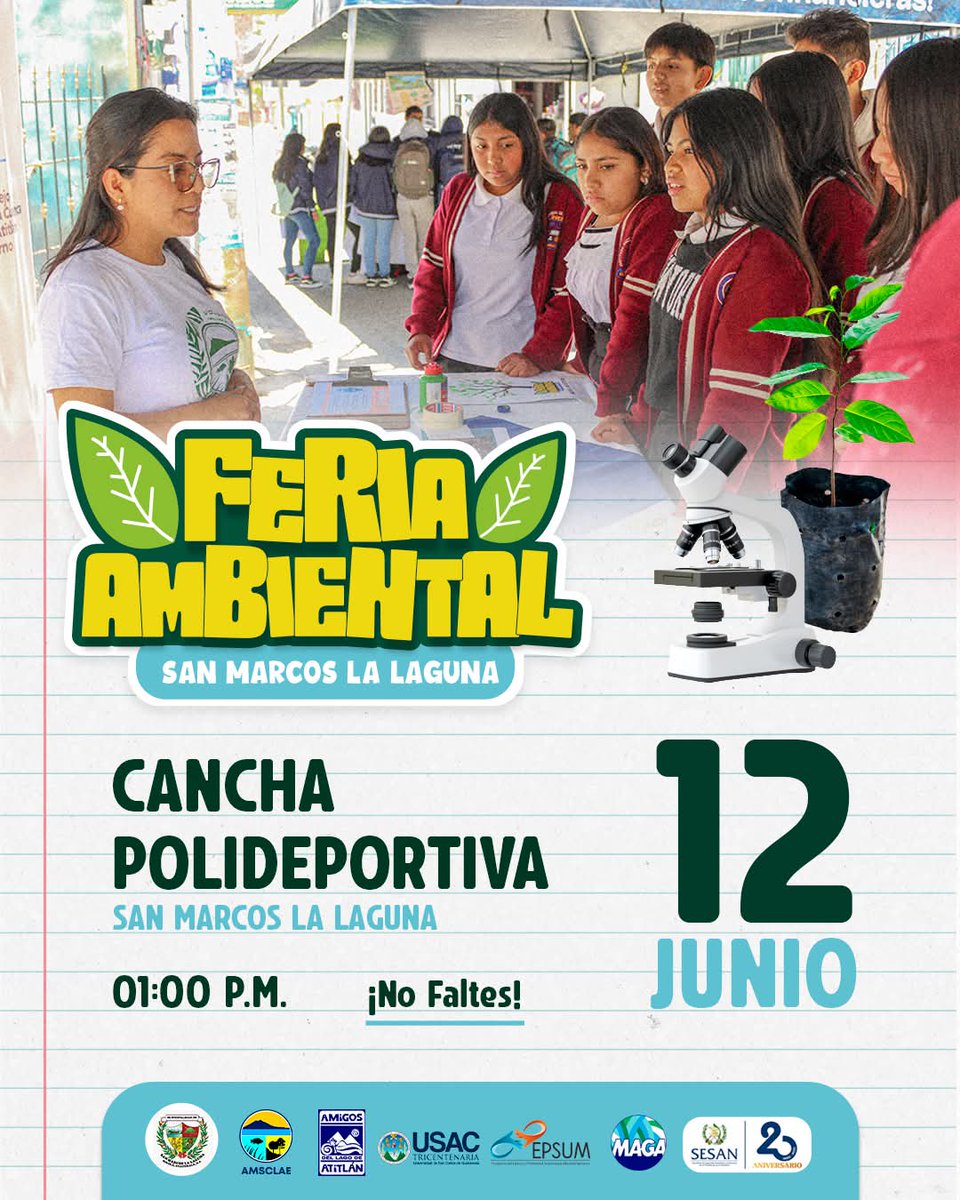 #FeriaAmbiental || 🎡 ¡Invitamos cordialmente a participar en la Feria Ambiental en  San Marcos La Laguna!🍃

🗓 Jueves 12 de junio de 2025.
📌 Cancha polideportiva de San Marcos la Laguna 
⏰️ 1:00 PM
🥳 ¡No faltes! Tendremos muchas actividades especialmente diseñadas para ti.