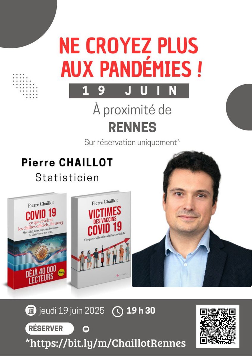 Ne croyez plus aux pandémies !
Cela reste le meilleur vaccin contre le totalitarisme ;-)
Pour en discuter autour des statistiques et des travaux de Roytas ou des Bailey, je vous retrouve le 19 juin à proximité de Rennes (35).
bit.ly/pchaillot
t.me/ConferenceChai…
