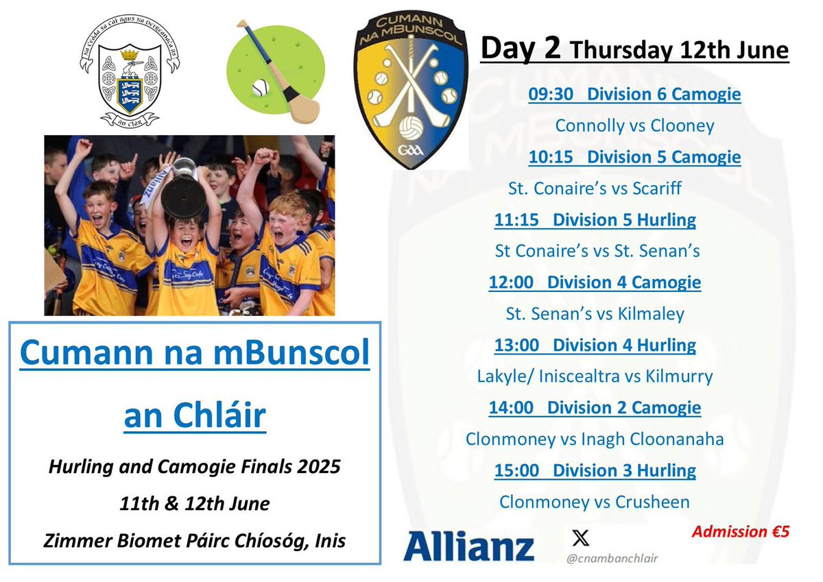 CnambunscolanChlair (@cnambanchlair) on Twitter photo Hurling and Camogie County Finals 2025. Excitement is brewing, looking forward to welcoming 27 Clare schools and over 500 pupils to Cusack Park. Let’s get behind our schools, clubs and parishes. <a href="/GaaClare/">Clare Gaa</a> <a href="/ClareCamogie/">OfficialClareCamogie</a> <a href="/AllianzIreland/">Allianz Ireland</a> <a href="/cnambnaisiunta/">Cumann na mBunscol</a> <a href="/MunGAABunscol/">Munster Cumann na mBunscol</a>. Hurling and Camogie County Finals 2025. Excitement is brewing, looking forward to welcoming 27 Clare schools and over 500 pupils to Cusack Park. Let’s get behind our schools, clubs and parishes. <a href="/GaaClare/">Clare Gaa</a> <a href="/ClareCamogie/">OfficialClareCamogie</a> <a href="/AllianzIreland/">Allianz Ireland</a> <a href="/cnambnaisiunta/">Cumann na mBunscol</a> <a href="/MunGAABunscol/">Munster Cumann na mBunscol</a>.