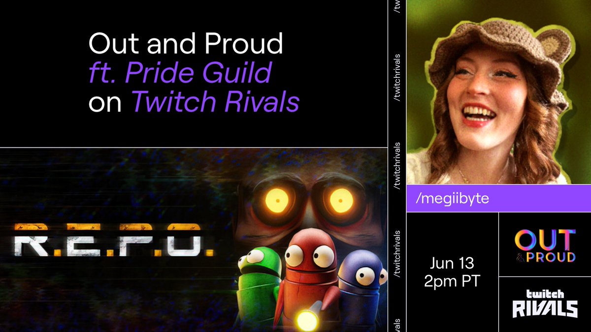 megiibyte's tweet image. I CAN FINALLY SHARE THE NEWS!! 🌈✨
THIS FRIDAY, June 13th at 5pm ET / 2pm PT I'll be in my very first @TwitchRivals event ft #TwitchPrideGuild! Join me, and my team as we run some competitive Repo! 🌟