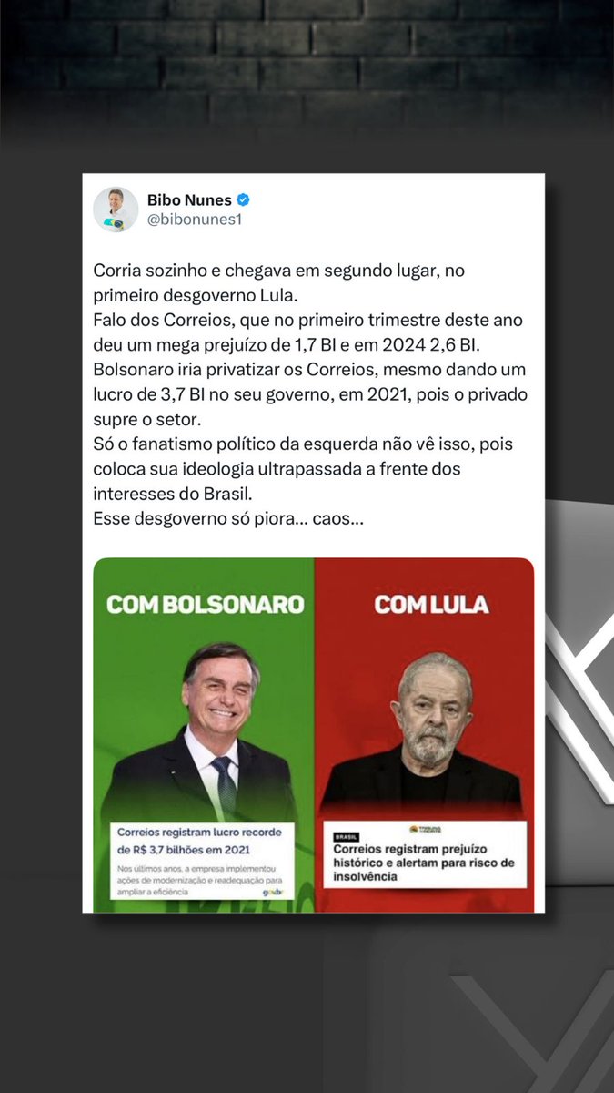 Corria sozinho e chegava em segundo lugar, no primeiro desgoverno Lula.

Falo dos Correios, que no primeiro trimestre deste ano deu um mega prejuízo de 1,7 BI e em 2024 2,6 BI.
Bolsonaro iria privatizar os Correios, mesmo dando um lucro de 3,7 BI no seu governo, em 2021, pois o