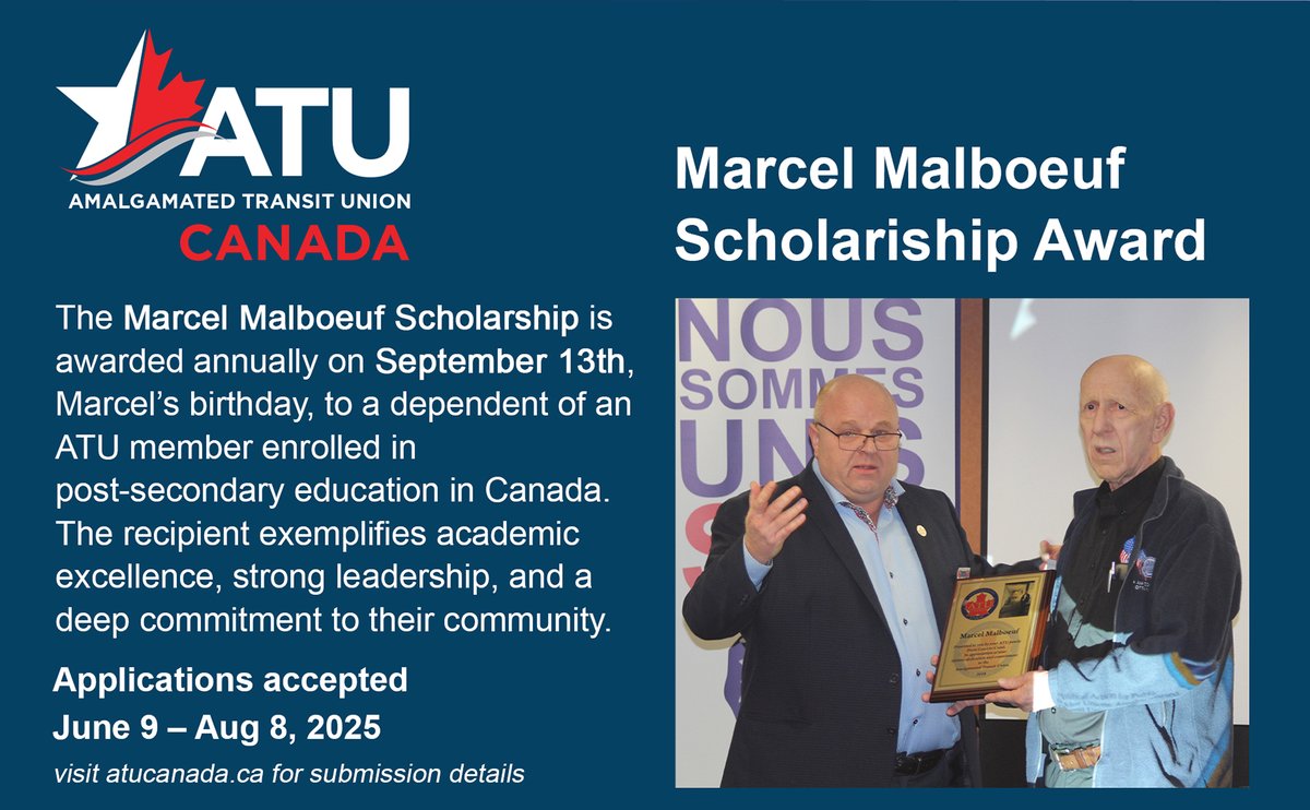 ATU Canada is proud to announce that the annual Marcel Malboeuf Scholarship Award application period is now open to dependents of ATU members.

Read more and download your application submission form here:  atucanada.ca/.../marcel-mal…