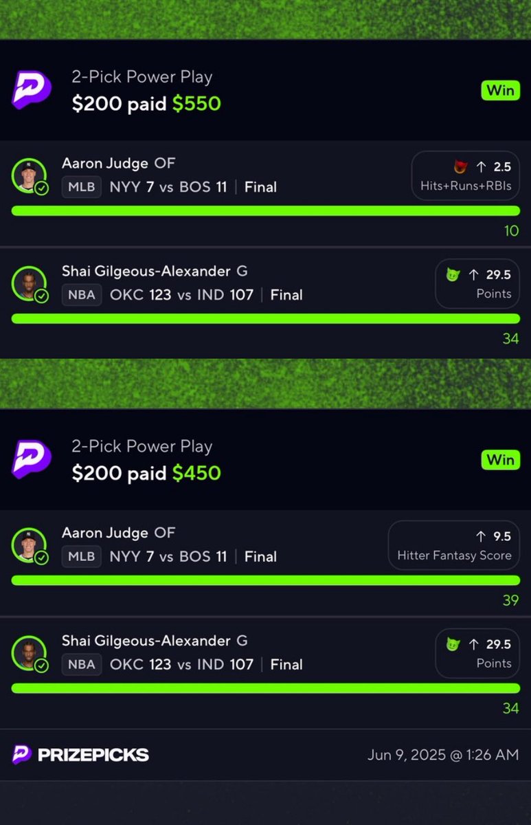 Lunch on 🧱 ($20 to 5 people) Like ASAP to enter giveaway 🗣️🗣️💜

YANKEES x SHAI FEEED 🏆🏆

Judge and Shai both dropped 30 points 😭

Late slate today GET READY 🔒😈🤞🏾

70% OFF 🔗 BELOW 👇🏾

#GamblingX #GamblingCommunity #PrizePicksW #PrizePicksMLB #PrizePicks