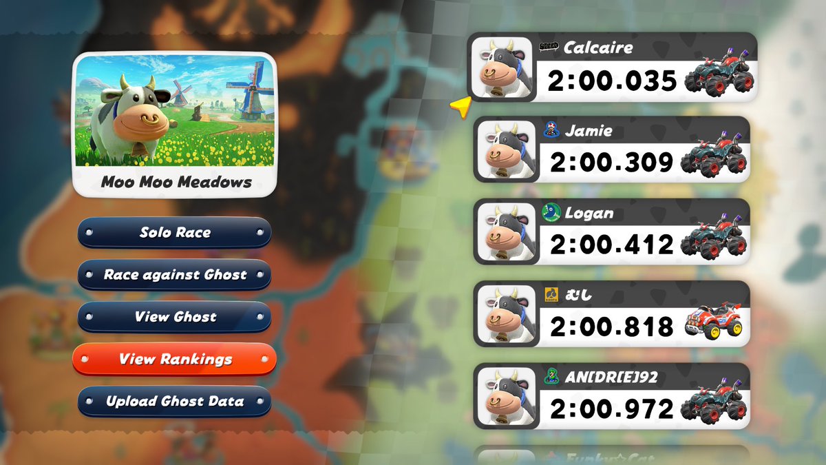 tsundere_squid's tweet image. All time trial leaderboards have bowser or small characters for fastest records.

Except Moo Moo Meadows.