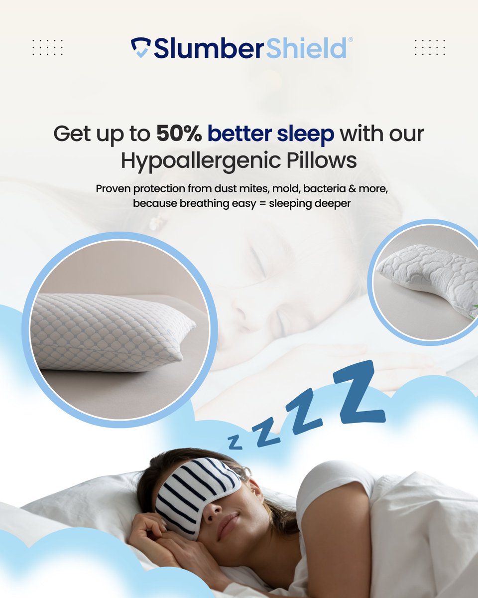 SlumberShield's tweet photo. Breathing easily means sleeping more deeply.

Our hypoallergenic pillows protect against dust mites, mold &amp; more.

So you get 50% better sleep.

Is your pillow helping or hurting? https://t.co/KWfPTAg6OL