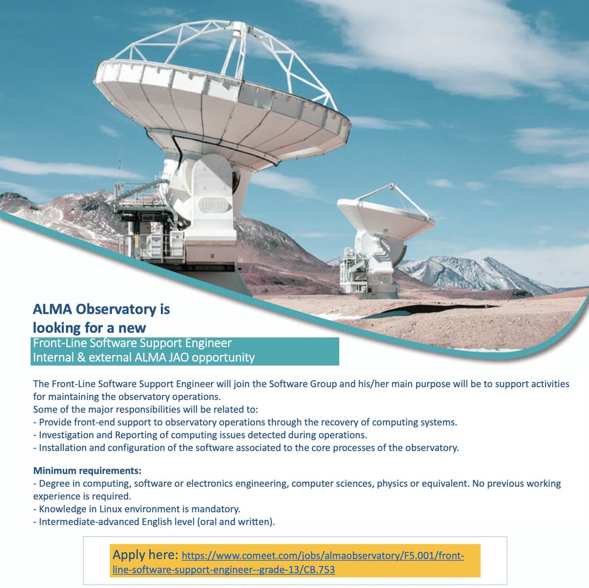 almaobs's tweet photo. #ALMAJobs Let's work together!!
Vacancy now open for:
"Front Line Software Support Engineer - Grade 13"
🗓️Applications due July 7
➡️Follow the link for more information:
🔗https://t.co/4gcbdAeZna https://t.co/2sIHKe8gVs