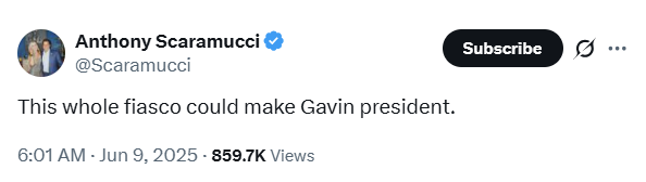 Anthony Scaramucci is right. Gavin Newsom had a choice. Either appease the deranged authoritarian despot like Neville Chamberlain did — or tell the fascist shitstain to 'bring it on' like Winston Churchill. Like Churchill, Newsom chose to stand up to the tyranny of Taco Pedo.