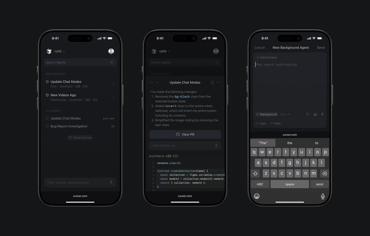 JohnnetrTran's tweet image. Cursor Mobile Is Here:
- Code on-the-go with Voice Chat Mode.
- Background Agent.
- Run code in VMs, tackle big tasks with parallel agents.
- Branch sessions, apply diffs later from desktop or VM.
- Control background agents anywhere.
- Vibe coding in toilet or during…