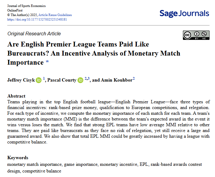 Jeffrey Cisyk (@jeff_cisyk) on Twitter photo 🧵1/10 🚨 New paper out in Journal of Sports Economics!
"Are English Premier League teams paid like bureaucrats?"
by <a href="/pascal_courty/">Pascal Courty</a> , Amin Kouhbor, and myself
Let’s unpack the findings⬇️ 🧵1/10 🚨 New paper out in Journal of Sports Economics!
"Are English Premier League teams paid like bureaucrats?"
by <a href="/pascal_courty/">Pascal Courty</a> , Amin Kouhbor, and myself
Let’s unpack the findings⬇️