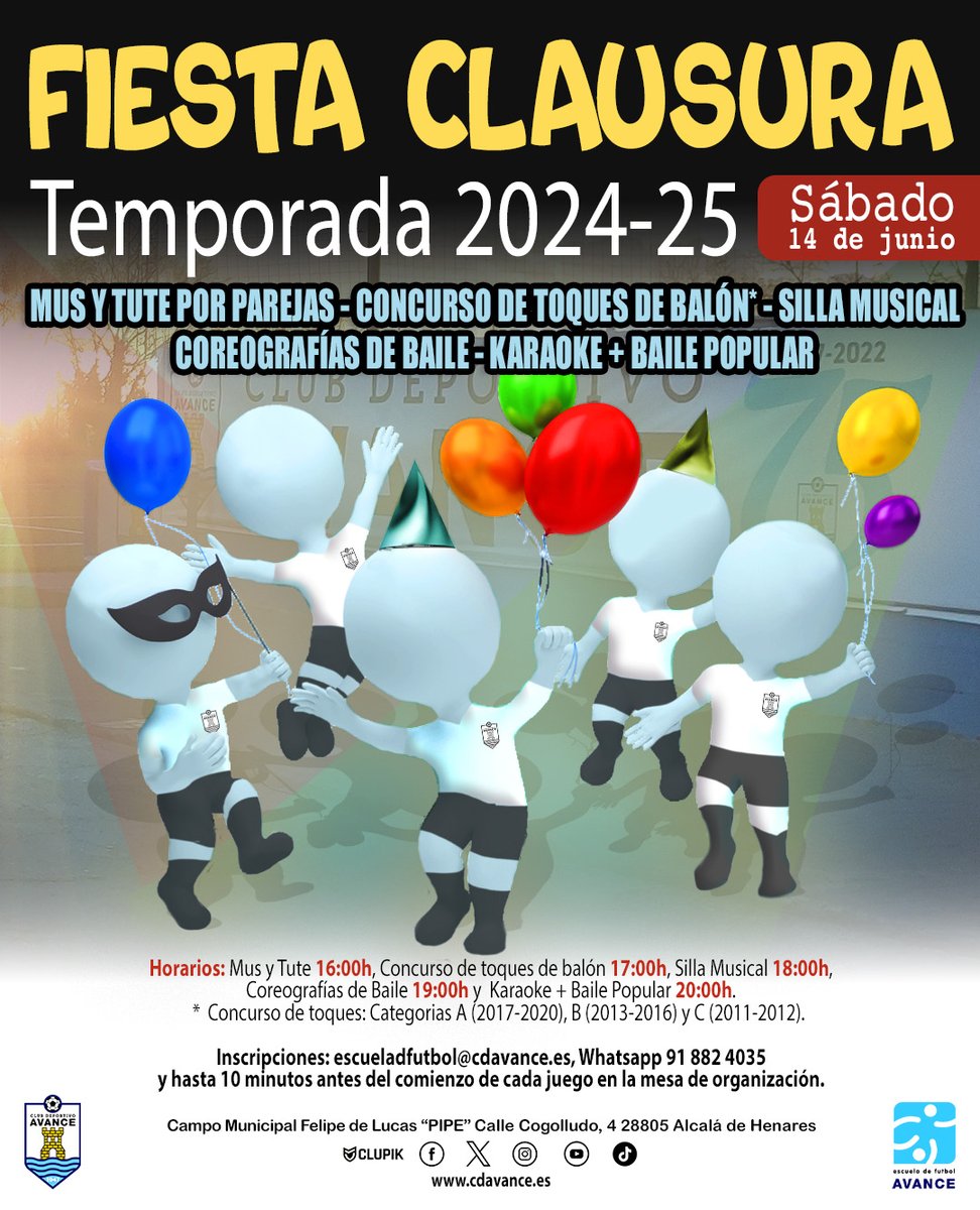 Fiesta Clausura Temporada 2024-25
⚽️🍰🎼🎤🎉🎉🎉💃🕺
📆 Sábado 14 de junio

Tute y Mus por parejas
Concurso de toques de Balón
Silla musical
Coreografías de baile
Karaoke + baile popular

#somosdelavance