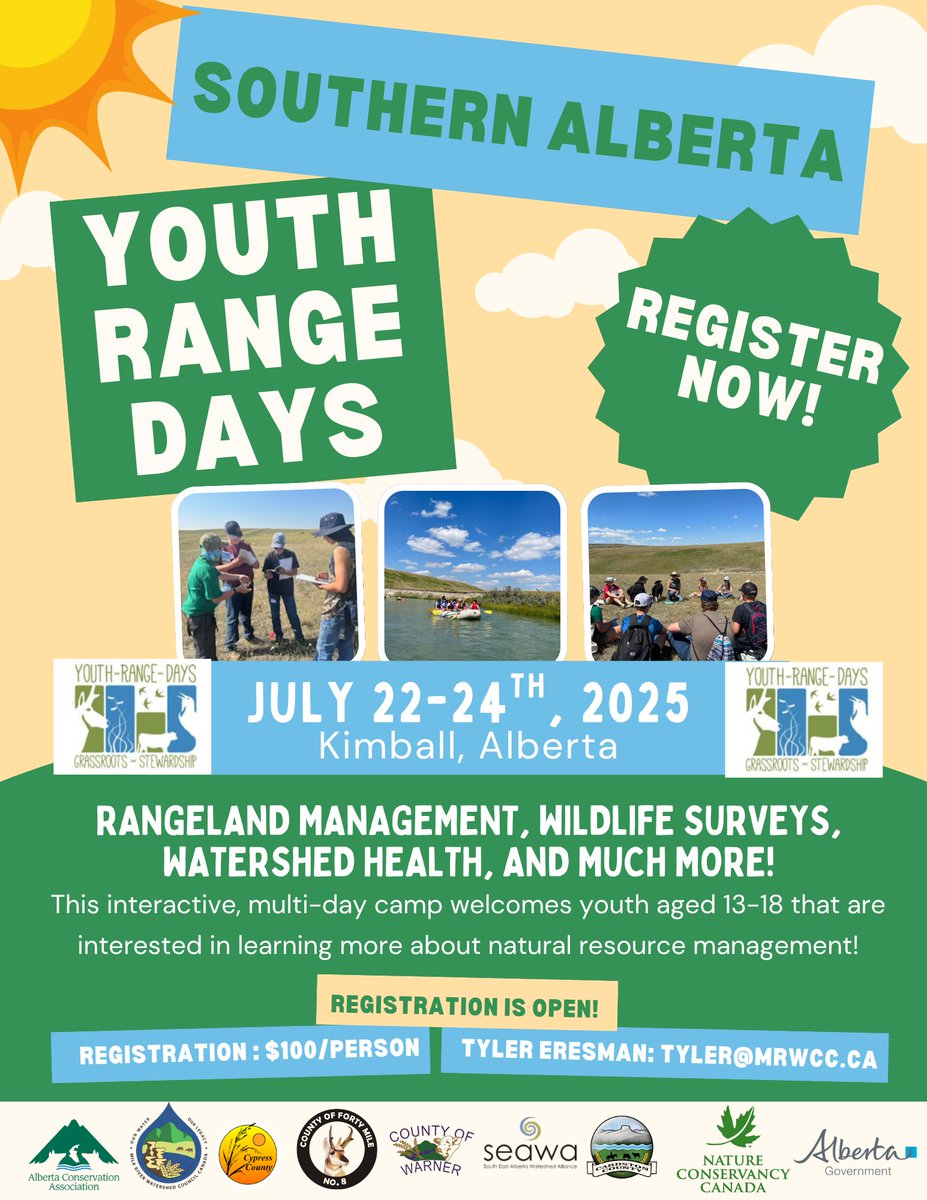 MULTISAR (@multisar) on Twitter photo Registration is now open for Youth Range Days, happening July 22-24, 2025 in Kimball! Registration cost is $100. This year, youth will learn about rangeland management, plant identification, wetlands, owls, and so much more! Email Tyler at tyler@mrwcc.ca for info and to register! Registration is now open for Youth Range Days, happening July 22-24, 2025 in Kimball! Registration cost is $100. This year, youth will learn about rangeland management, plant identification, wetlands, owls, and so much more! Email Tyler at tyler@mrwcc.ca for info and to register!