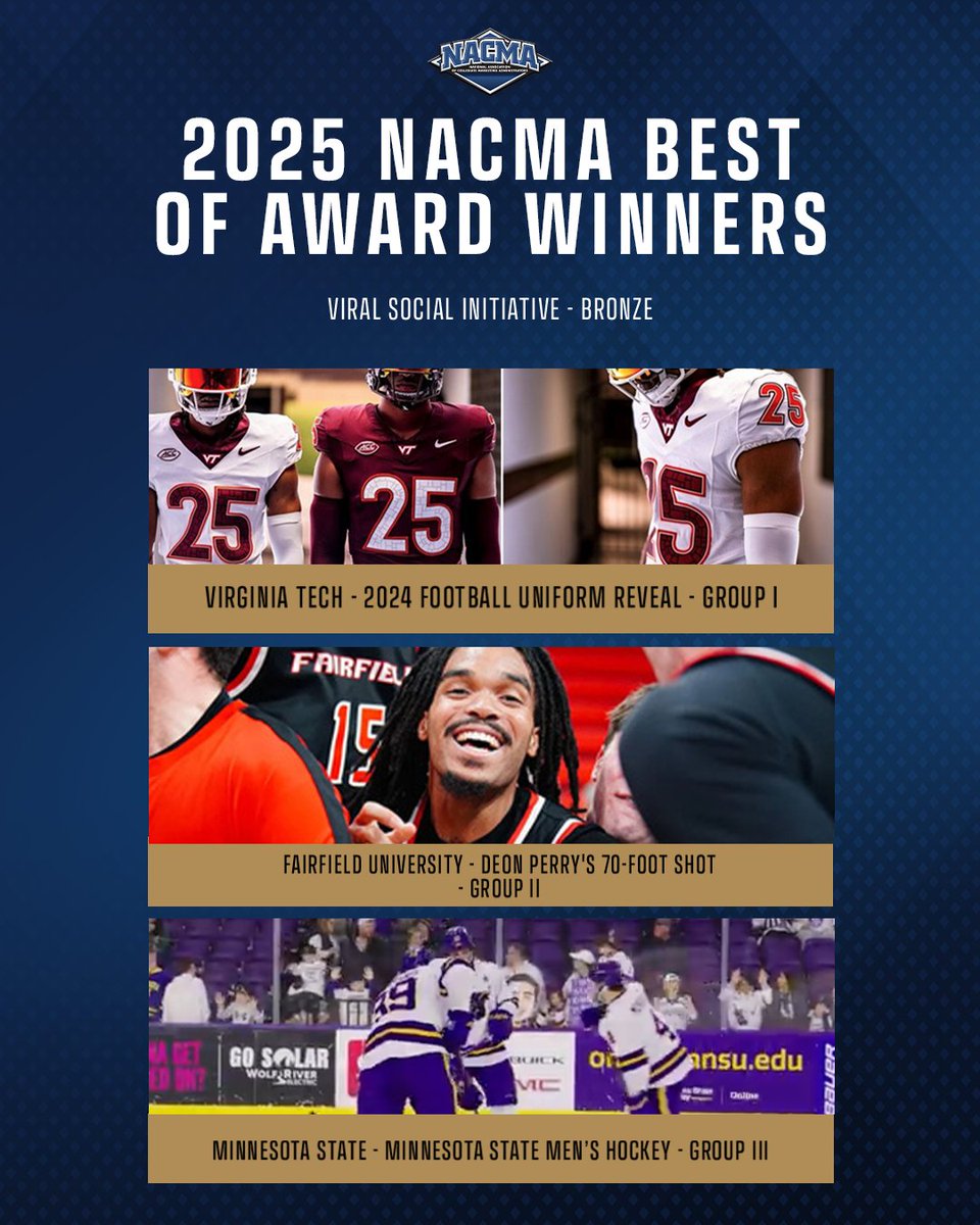 NACMA News (@nacmanews) on Twitter photo Congratulations to our 2024-25 NACMA "Best Of" Awards Bronze Winners for Viral Social Initiative!
Group I โ <a href="/hokiesports/">HokieSports</a>
Group II โ <a href="/FairfieldStags/">Fairfield Stags</a>
Group III โ <a href="/MinnStAthletics/">Minn. St. Athletics</a>
#NACMA25 Congratulations to our 2024-25 NACMA "Best Of" Awards Bronze Winners for Viral Social Initiative!
Group I โ <a href="/hokiesports/">HokieSports</a>
Group II โ <a href="/FairfieldStags/">Fairfield Stags</a>
Group III โ <a href="/MinnStAthletics/">Minn. St. Athletics</a>
#NACMA25
