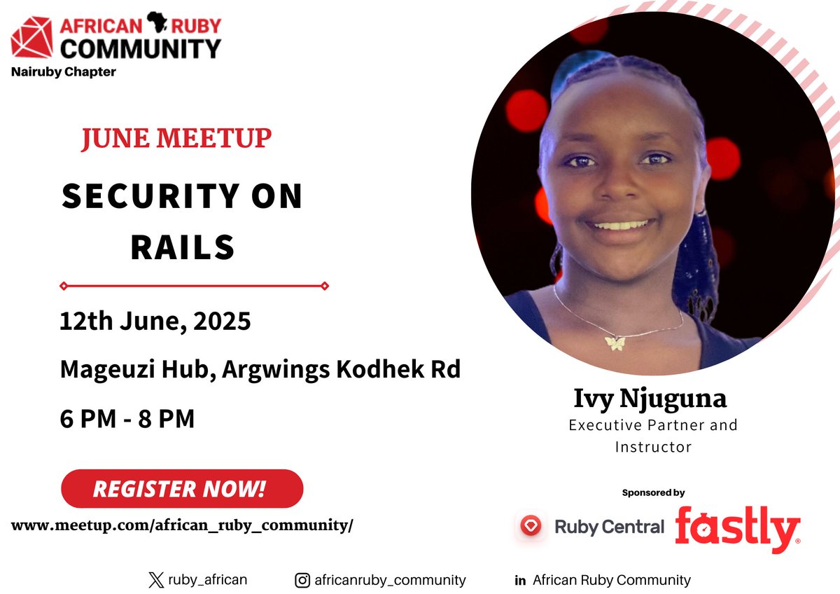 African Ruby Community (@ruby_african) on Twitter photo You're invited to our upcoming Ruby meetup!
๐ Happening this Thursday 12th, 6:00โ8:00 p.m. at <a href="/MageuziHub/">Mageuzi Hub</a> -Argwings-Kodhek RD, Metropolitan Court.
Weโre thrilled to announce that this event is proudly sponsored by <a href="/rubycentralorg/">rubycentralorg</a> ๐ โ we're truly grateful for the support and You're invited to our upcoming Ruby meetup!
๐ Happening this Thursday 12th, 6:00โ8:00 p.m. at <a href="/MageuziHub/">Mageuzi Hub</a> -Argwings-Kodhek RD, Metropolitan Court.
Weโre thrilled to announce that this event is proudly sponsored by <a href="/rubycentralorg/">rubycentralorg</a> ๐ โ we're truly grateful for the support and