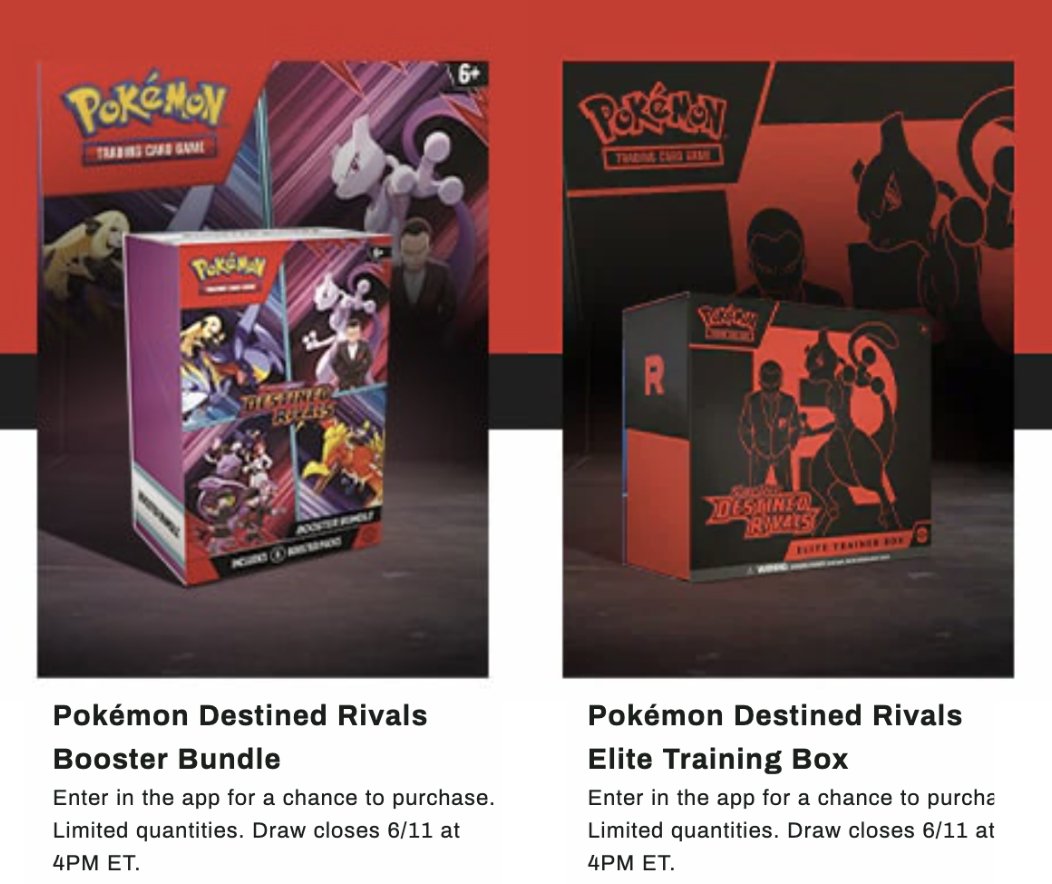 PokemonRestocks's tweet image. Destined Rivals ETB &amp;amp; Booster Bundle Reservations on the Dick's Sporting Goods App! 🚀 

ETB:
buff.ly/0Si43My

Booster Bundle:
buff.ly/rylD2QW

Open the page in the app and sign in to enter! Ends June 11th. 
#PokemonTCG #ad