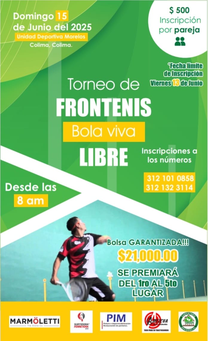AdColima's tweet photo. ¡Prepárate para vivir la intensidad del #FRONTENIS en Colima! 🔥🎾
El próximo domingo 15 de junio de 2025, los mejores jugadores se darán cita en la Unidad Deportiva Morelos de Colima, para competir en uno de los torneos más esperados del año: el Torneo de Frontenis https://t.co/Fo0k8Fjaxy