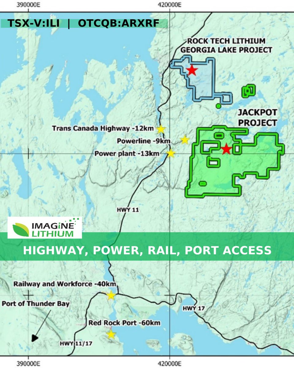 Imagine_Lithium's tweet photo. Jackpot lies 140 km NE of Thunder Bay, near Hwy 11, with power, rail and port infrastructure close by—critical for project logistics and future scalability. 
Find out more: https://t.co/dZUGYTeKGf
$ILI #lithiummining #criticalminerals #TSXV #lithiumexploration https://t.co/fLMgXShKpy