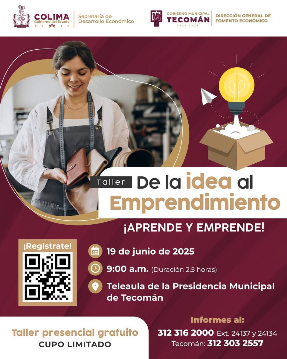 📅 Regístrate ahora: bit.ly/3STcKJw
📞 Más información: Secretaría de Desarrollo Económico Tels. : 3123162000 ext. 24134/ 24137  y en Ayuntamiento de Tecomán 3123032557

#Emprendimiento #Negocios #TallerDeEmprendimiento #AprendeYCrece #ÉxitoEmpresarial