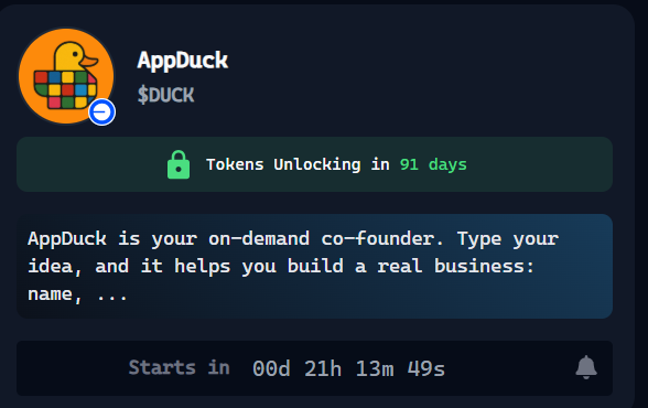 Hello <a href="/virtuals_io/">Virtuals Protocol</a> frens

<a href="/appduckai/">AppDuck</a> $DUCK pledging start in ~ 21 hours on virtual genesis launch 

AppDuck is another exciting agent on Virtual, you got an idea? Just type it in, and it helps you build a real business on your own, no team needed.

Why am I bullish? 

➤  Strong