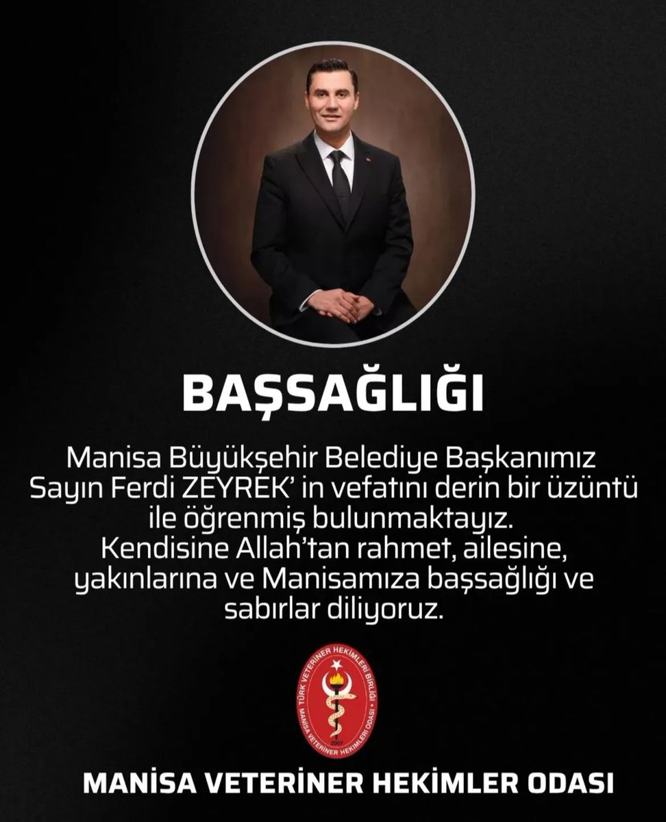 Manisa Büyükşehir Belediye Başkanımız, Mimar Sayın Ferdi ZEYREK'ın vefatını büyük bir üzüntüyle öğrenmiş bulunmaktayız.
Merhuma Allah'tan rahmet; kederli ailesine, sevenlerine ve tüm Manisa halkına başsağlığı dilerız.
Mekânı cennet, ruhu şad olsun.