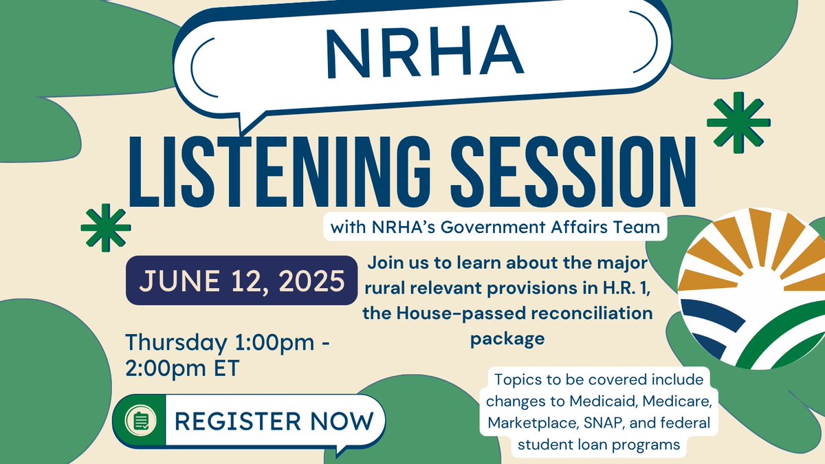 Join NRHA's Government Affairs Team for a listening session this Thursday, June 12 from 1-2pm! We will be discussing H.R.1 and impacts on #ruralhealth as well as changes to #Medicaid, #Medicare, #SNAP, and #studentloanprograms

Register here: ruralhealth-us.zoom.us/meeting/regist…