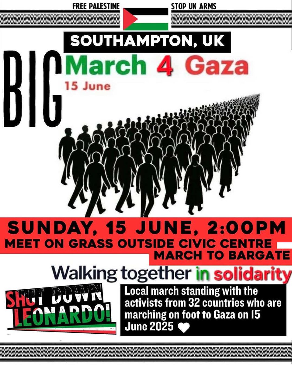 ShutDownLeoSton's tweet photo. LOCAL MARCH IN SOLIDARITY WITH @marchtogaza2025 🇵🇸✊

Local march in solidarity with thousands of activists from 32 countries marching on foot to Gaza on Sunday 15 June in solidarity with Palestinians under siege and subjugations at the hands of Israel’s genocidal aims. https://t.co/uvhyj2eOxv