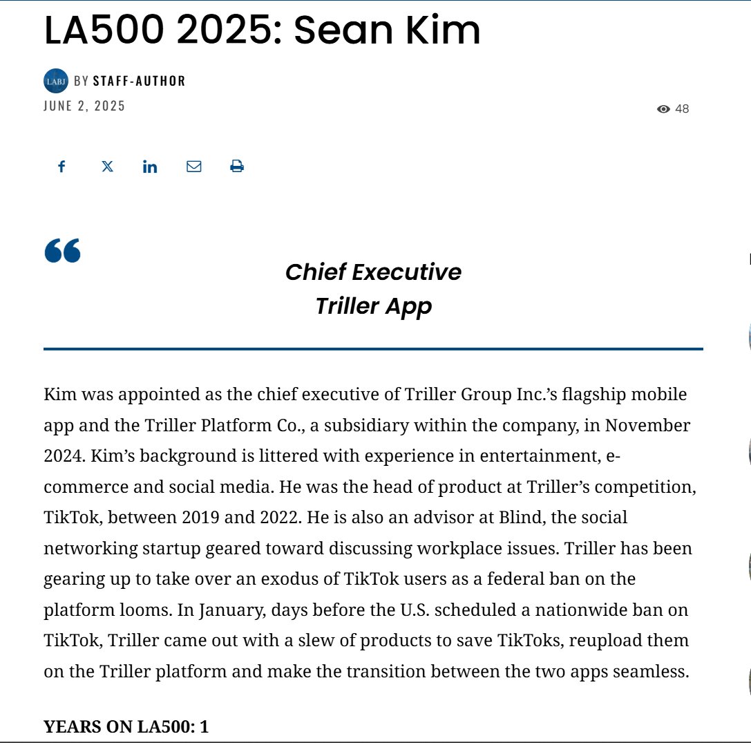 CrusaderX (@crusaderstocks) on Twitter photo $ILLR (Nasdaq:ILLR) The #LA Business Journal’s 10th edition of the LA500 2025 includes Triller App CEO Sean Kim into the Class of 2025 below: labusinessjournal.com/la500-2025/tec… via #LosAngelesBusinessJournal <a href="/LAbusinesses/">LA Business News</a> <a href="/jctb1/">TDogzz 🇺🇲🌴.</a> <a href="/triller/">TRILLER</a> <a href="/triller_IR/">Triller Investor Relations</a>
<a href="/TheWingFai/">Wing Fai Ng</a>
$META $SNAP $GOOG $RUM $TSLA $ILLR (Nasdaq:ILLR) The #LA Business Journal’s 10th edition of the LA500 2025 includes Triller App CEO Sean Kim into the Class of 2025 below: labusinessjournal.com/la500-2025/tec… via #LosAngelesBusinessJournal <a href="/LAbusinesses/">LA Business News</a> <a href="/jctb1/">TDogzz 🇺🇲🌴.</a> <a href="/triller/">TRILLER</a> <a href="/triller_IR/">Triller Investor Relations</a>
<a href="/TheWingFai/">Wing Fai Ng</a>
$META $SNAP $GOOG $RUM $TSLA