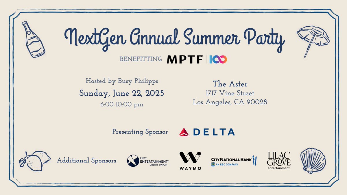 Our <a href="/MPTF/">MPTF</a> #NextGenSummerParty is around the corner! Join host <a href="/BusyPhilipps/">Busy Philipps</a> &amp; a star-studded Host Committee as we raise funds for those impacted by the recent LA Fires. Thanks to sponsors <a href="/Delta/">Delta</a> <a href="/Waymo/">Waymo</a> <a href="/1stEntertainCU/">Firstentertainment.eth</a> <a href="/CityNational/">City National Bank</a> &amp; LilacGrove! Info&amp;Tix mptf.com/nextgen/