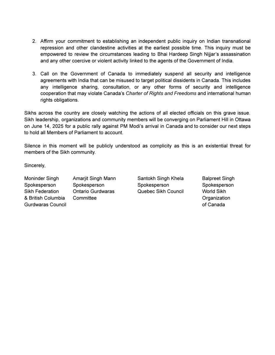 Baaz (@baaznewsorg) on Twitter photo BREAKING | All major Canadian Sikh bodies & Gurdwara councils have collectively sent an open letter to Canadian MPs, expressing their deep concern over PM <a href="/MarkJCarney/">Mark Carney</a>'s decision to invite Modi to the upcoming G7 Summit in Alberta.
The letter outlines three specific demands for BREAKING | All major Canadian Sikh bodies & Gurdwara councils have collectively sent an open letter to Canadian MPs, expressing their deep concern over PM <a href="/MarkJCarney/">Mark Carney</a>'s decision to invite Modi to the upcoming G7 Summit in Alberta.
The letter outlines three specific demands for