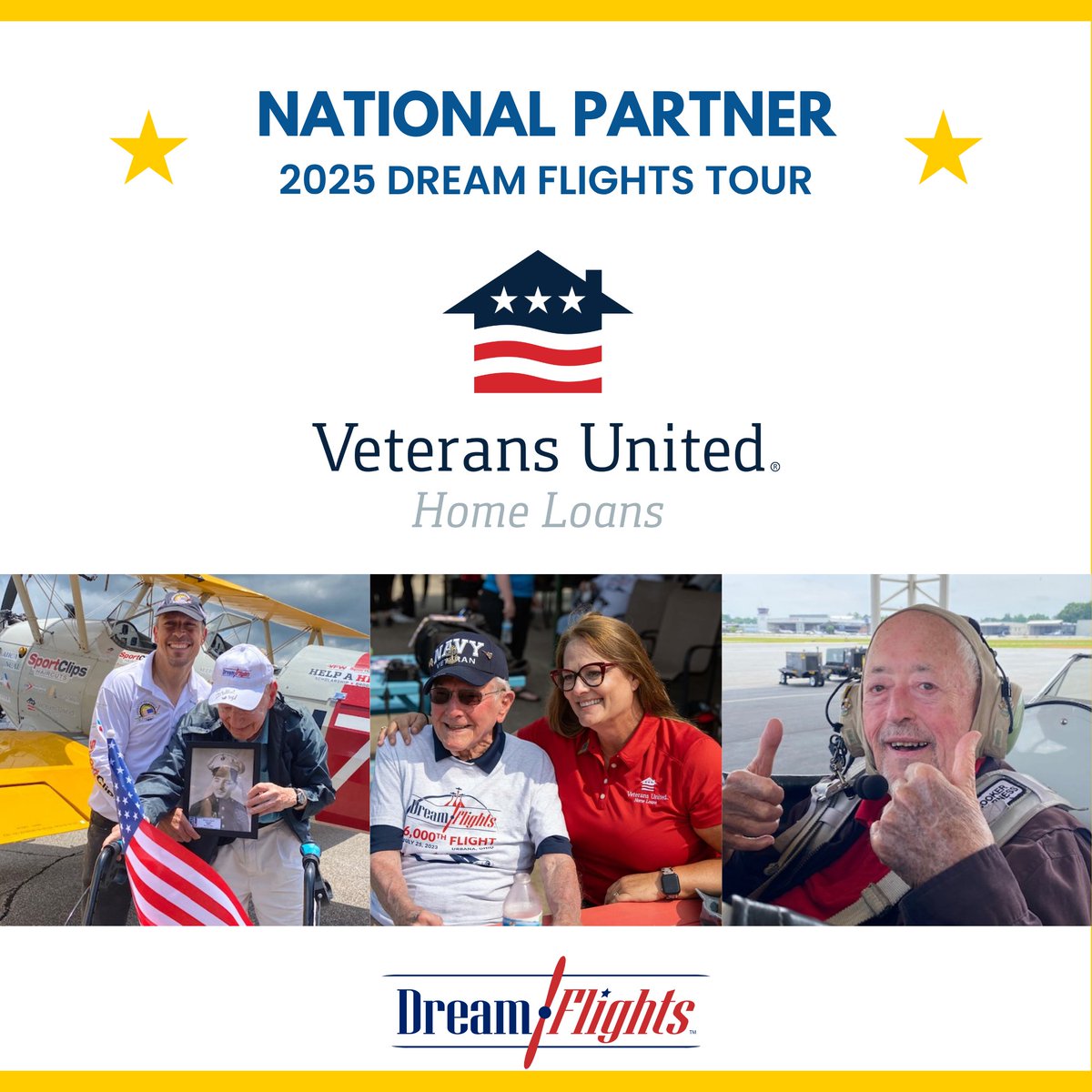 Big shout-out to <a href="/veteransunited/">Veterans United</a>, a National Sponsor since 2021!  2025 marks Dream Flights' 15-year anniversary: 7,500 free #dreamflights in 49 states - honoring #senior #Veterans #givingback Thank you, #VU