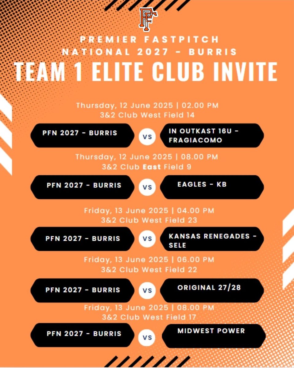 Premier Fastpitch National - 2027 Burris (@pfp_2027burris) on Twitter photo PFN2027 gets started this week in KC at the <a href="/Team1_fastpitch/">Team 1 Fastpitch</a> Elite Invite 16U. Come check us out.
3@2 West Complex- maps.app.goo.gl/dAFTDbvU6EvJXY…
3&2 East Complex - maps.app.goo.gl/ALi84HLYV5cJ67… PFN2027 gets started this week in KC at the <a href="/Team1_fastpitch/">Team 1 Fastpitch</a> Elite Invite 16U. Come check us out.
3@2 West Complex- maps.app.goo.gl/dAFTDbvU6EvJXY…
3&2 East Complex - maps.app.goo.gl/ALi84HLYV5cJ67…