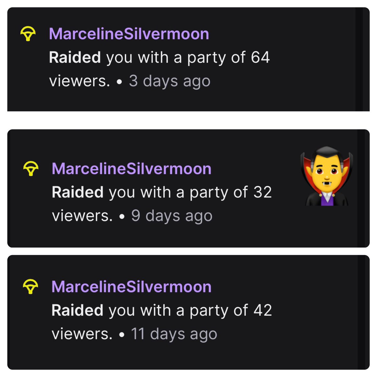 Vampire Lord Appreciation Post !!! <a href="/MarcelineSMoon/">Marceline Silvermoon🦇🩸UNCAPPED SUBATHON</a> mans is out here grinding providing great vibes to the VR and streaming world ! Crushing it and the  days was blessing me HEAVY with the raids, we mega proud of the lad and all he’s achieving ! &amp; Fuck the haters !!