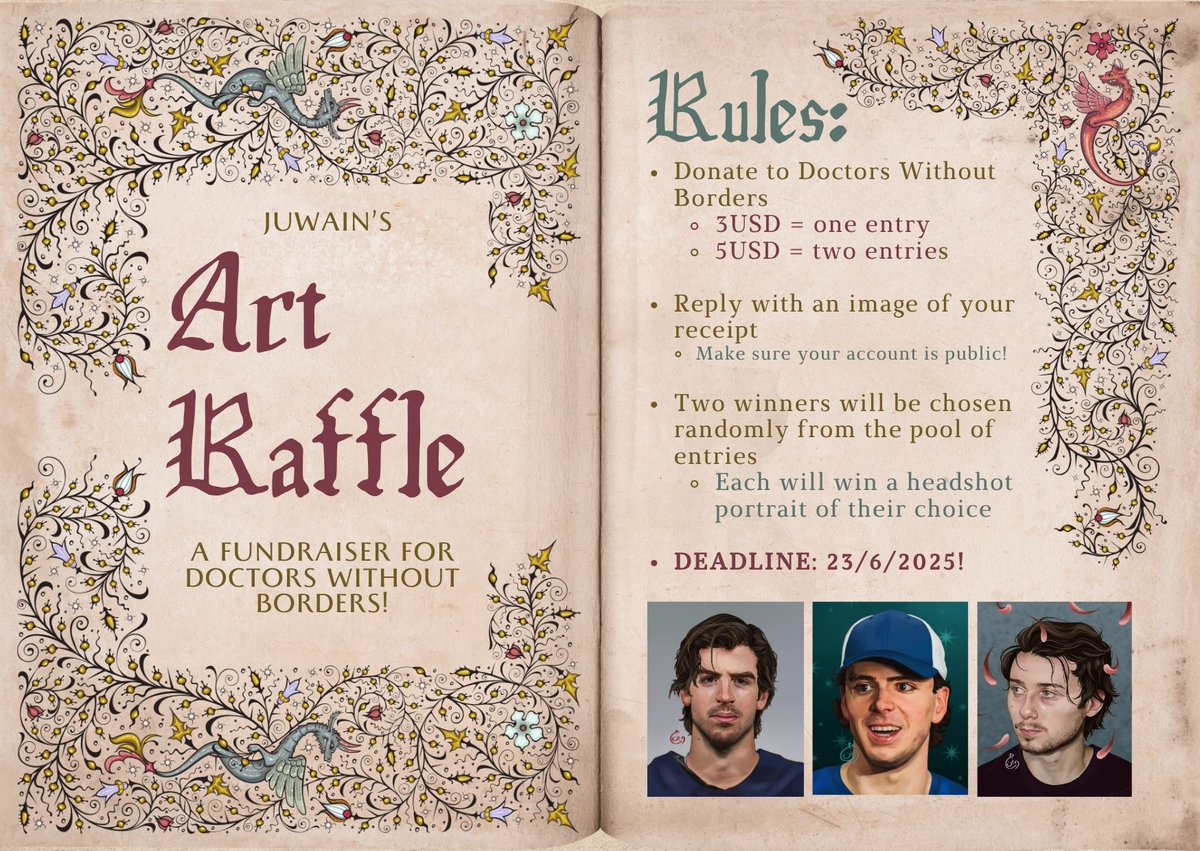 📯ART RAFFLE FOR A GOOD CAUSE!!📯

do you 🫵🏼 want a portrait? do you 🫵🏼 want to contribute to making healthcare accessible to people in crisis? well, you can do BOTH!!
entry rules below (and in the next tweet for readability)