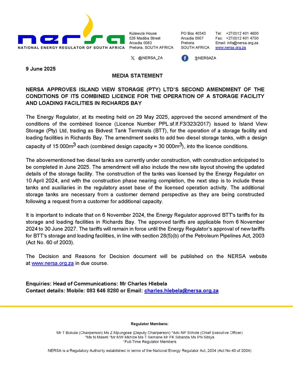 Media Statement - Energy Regulator Decisions of Meeting No. 296 of 29 May 2025. Petroleum Pipelines Regulations.