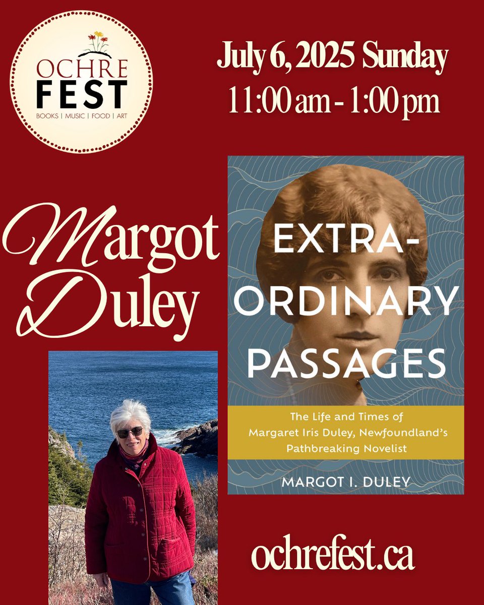 Ochre Fest (@ochrefest) on Twitter photo Weāre thrilled to welcome Dr. Margot I. Duley to our Sunday panel at <a href="/OchreFest/">Ochre Fest</a> (July 6). Her book Extraordinary Passages brings to life her aunt, Margaret Duley - Newfoundlandās first internationally acclaimed novelist. Tickets + info: ochrefest.ca #NLAuthors Weāre thrilled to welcome Dr. Margot I. Duley to our Sunday panel at <a href="/OchreFest/">Ochre Fest</a> (July 6). Her book Extraordinary Passages brings to life her aunt, Margaret Duley - Newfoundlandās first internationally acclaimed novelist. Tickets + info: ochrefest.ca #NLAuthors