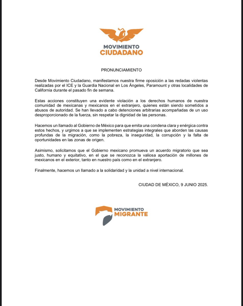 La familia naranja del Estado de México nos pronunciamos por la defensa de los derechos humanos de los mexicanos y mexicanas residentes en Estados Unidos y respaldamos el pronunciamiento en contra de los hechos violentos ocurridos este fin de semana en Los Ángeles California.