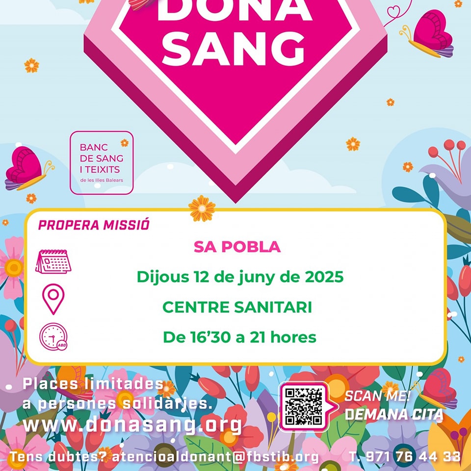 ⚠️ RECORDATORI ⚠️

🩸 DONACIONS DE SANG A SA POBLA

🧐 👉🏻 SENSE NECESSITAT DE CITA PRÈVIA‼️

Però també en podeu demanar a:

🌍 donasang.org

📧 citaprevia@fbstib.org

📱971764433