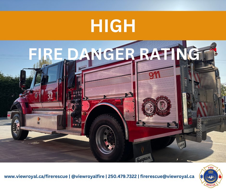 Fire Danger Rating: High

Forest fuels are very dry and the fire risk is serious. New fires may start easily, burn vigorously, and challenge fire suppression efforts. Extreme caution must be used in any forest activities. 

No outdoor burning of any kind permitted in View Royal